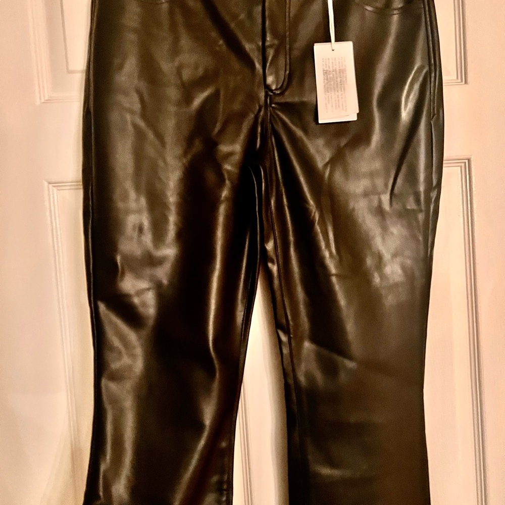 NEW DEAR JOHN Faux Leather Black Flare Pants. Sz 34" waist x 24". Retail $96.00